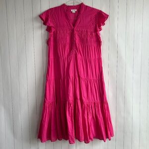Sundance size M midi sundress hot pink cotton flutter sleeve tiered pintuck